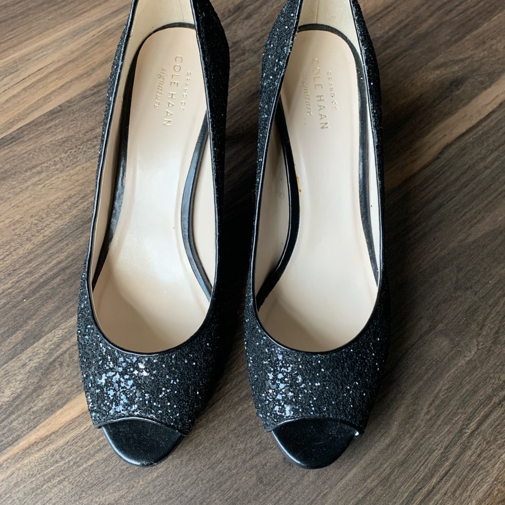 Cole Haan Women's Black Glitter Peep Toe Heels Size 9 NWOB